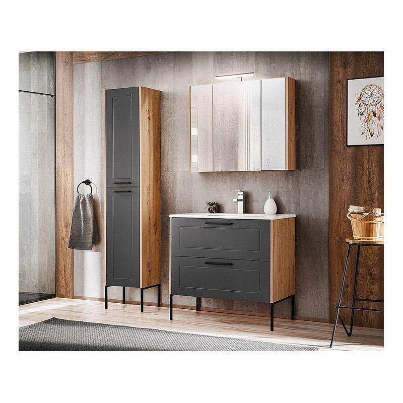 Ensemble meuble vasque + Armoire miroir + Grande armoire - 80 cm - Madera Grey