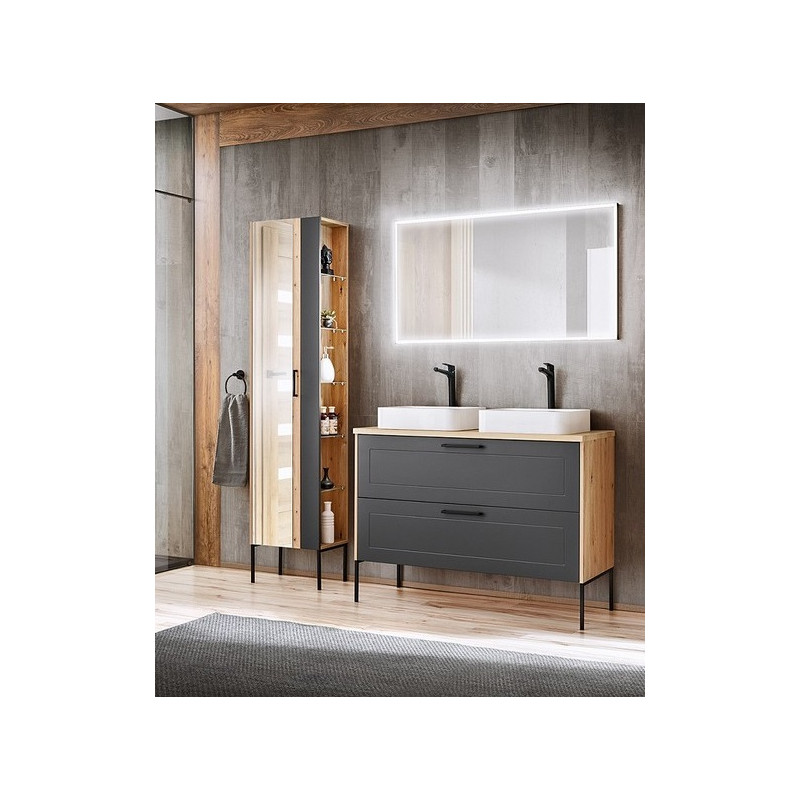 Ensemble meuble sous-vasque + Vasques à poser + Miroir LED + Grande Armoire - 120 cm - Madera Grey