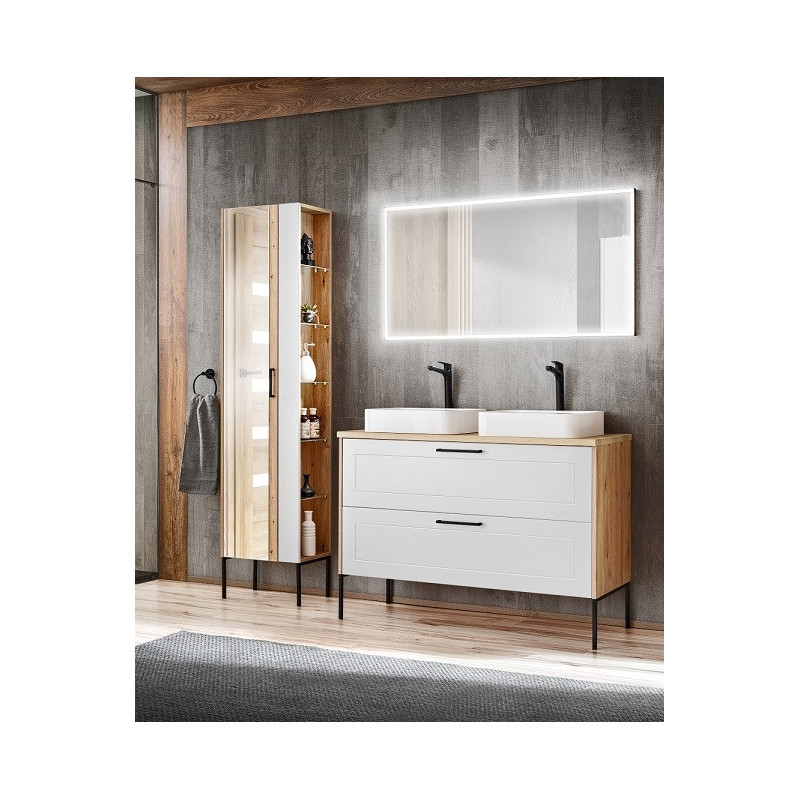 Ensemble meuble sous-vasque + Vasques à poser + Miroir LED + Grande armoire miroir - 120 cm - Madera White