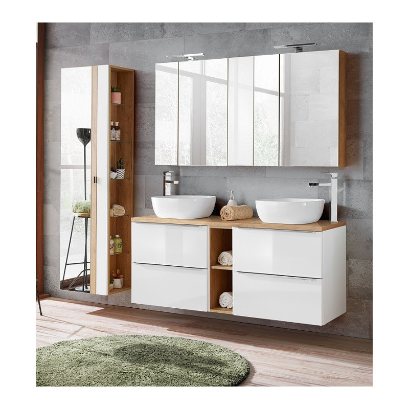 Ensemble meuble vasques à poser + Armoire miroir + Grande armoire - 140 cm - Capri White