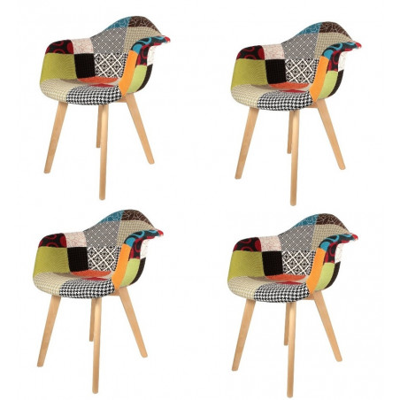 Lot de 4 Fauteuils Scandinaves Patchwork | H 85 x P 60,5 x L 62 cm | Pieds en bois brut | Multicolore