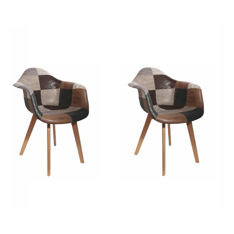 Lot de 2 Fauteuils Cuir Synthétique| Scandinave Patchwork Marron et Gris| H 84 x P 59 x L 62 cm | Multicouleurs