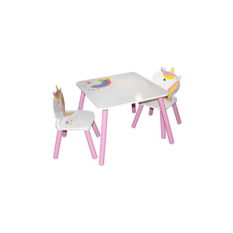 Ensemble table et 2 chaises JUDY WILD - Licorne - Table: 55 x 55 x H 42 cm, chaises: 28 x 28 x H 27/54cm - Blanc et rose