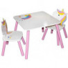 Ensemble table et 2 chaises JUDY WILD - Licorne - Table: 55 x 55 x H 42 cm, chaises: 28 x 28 x H 27/54cm - Blanc et rose