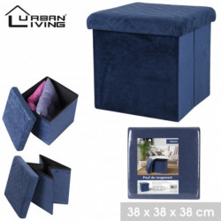 Pouf de rangement carré pliable en velours - 37.5 x H 37,5 cm - Bleu