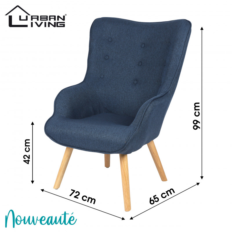 Fauteuil NOOR tissu - Bleu Denim -Pieds en bois - 72 x 65 H 42/99