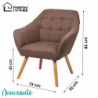 Fauteuil OLY tissu - Taupe - Pieds en bois - - 74 x 70 x H 43/85 cm