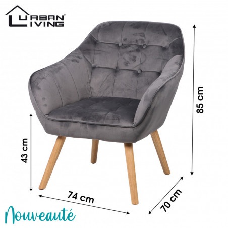 Fauteuil OLY velours - Pieds en bois - Gris foncé - 74 x 70 x H 43/85 cm