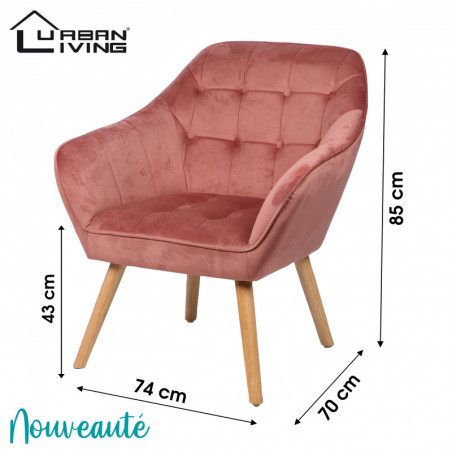 Fauteuil OLY en velours et pieds en bois - Vieux rose - 74 x 70 x H 43/85 cm