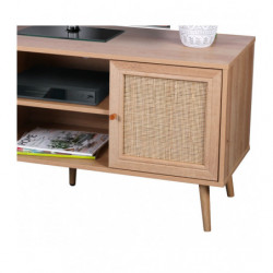 Meuble TV BALI sur pieds 2 portes 1 étagère - Cannage rotin -Effet bois clair - 120 x 39 x H 56.5 cm