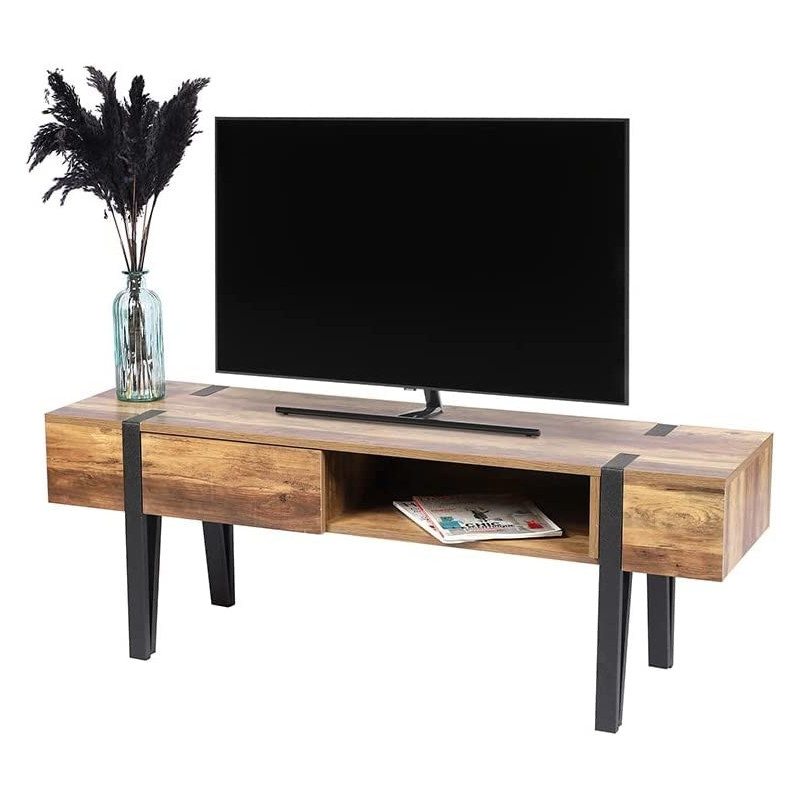 Meuble TV BRAMS 1 tiroir - Bois, noir mat - Métal et bois - 140 x 40 x H50 cm