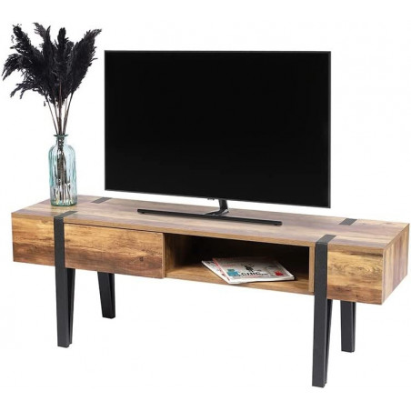 Meuble TV BRAMS 1 tiroir - Bois, noir mat - Métal et bois - 140 x 40 x H50 cm