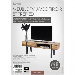 Meuble TV BRAMS 1 tiroir - Bois, noir mat - Métal et bois - 140 x 40 x H50 cm