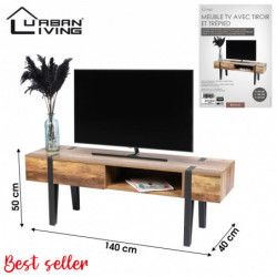 Meuble TV BRAMS 1 tiroir - Bois, noir mat - Métal et bois - 140 x 40 x H50 cm