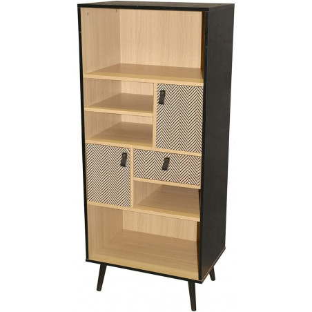 Bibliothèque CHELSEA décorée poignées effet cuir - Bois clair et noir - 60 x 40 x H 140 cm