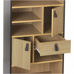 Bibliothèque CHELSEA décorée poignées effet cuir - Bois clair et noir - 60 x 40 x H 140 cm