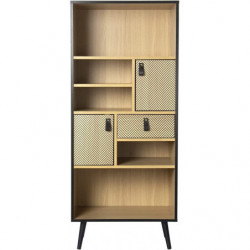 Bibliothèque CHELSEA décorée poignées effet cuir - Bois clair et noir - 60 x 40 x H 140 cm