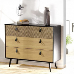 Commode CHELSEA décorée avec poignées effet cuir - Bois clair et noir - 98.5 x 39.5 x H 82cm