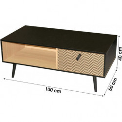 Table basse CHELSEA 1 porte avec motifs - Bois clair et noir 120 x 40 x H 40 cm