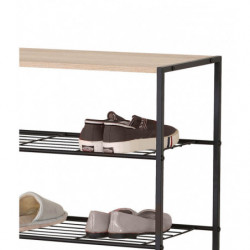 Etagère range chaussures 4 niveaux 1 plateau COLORADO - Noir mat, chêne clair - Bis et métal - 83 x 63 x P 30 cm.