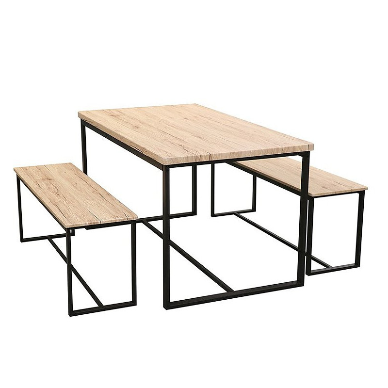 Ensemble table et 2 bancs DOCK - Noir mat et chêne - Bois et métal - L 140 x H 75 x P 80 cm