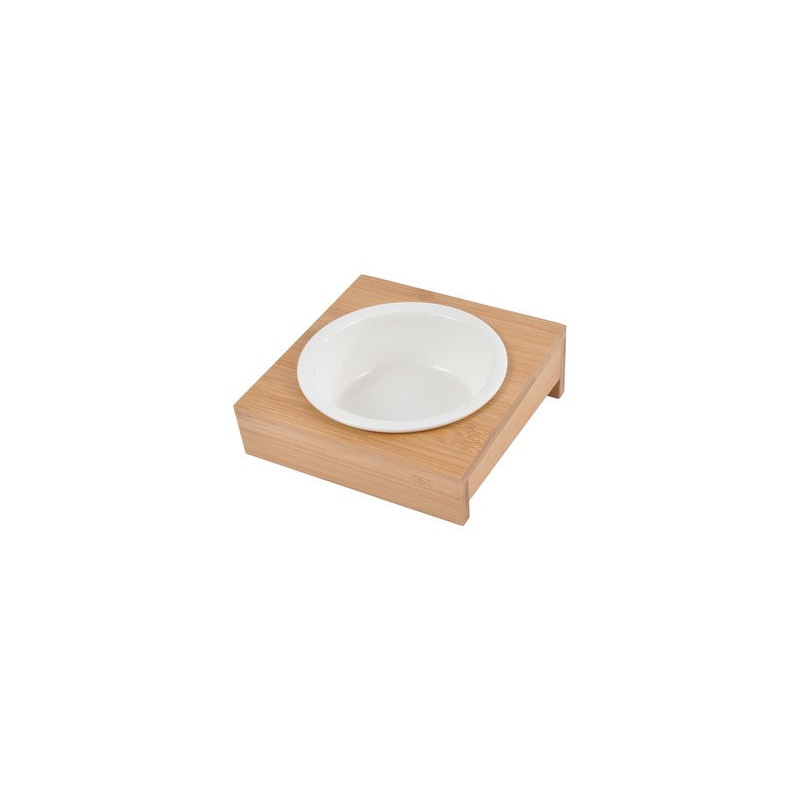 Gamelle en céramique avec son support en bambou - Blanc et beige - D 16 x L 20 x l 18 cm