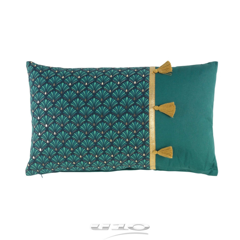 Coussin déhoussable en coton avec pompons et imprimé éventails Artchic - Bleu - 30 x 50 cm