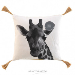 Coussin déhoussable en coton avec pompons et imprimé tête de girafe Columba - Beige - 40 x 40 cm