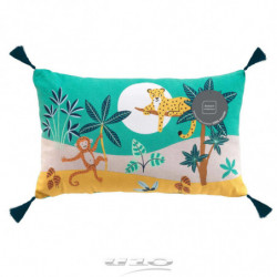 Coussin déhoussable en coton avec pompons et imprimé jungle Jungle Story - Vert - 30 x 50 cm