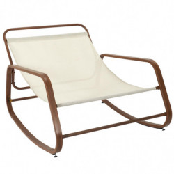 Fauteuil à bascule imitation bois avec coussin "Miami" - Blanc et marron - L 92 x H 69 x P 130 cm