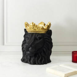 Cache pot tête de lion couronné en magnesia - Noir et doré - H 39,5 x D 30 cm