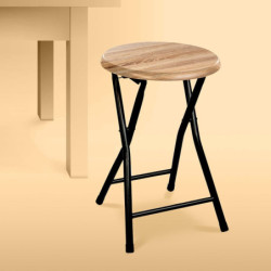 Tabouret pliable en bois et métal - Beige/Noir - H 46 x D 30 cm