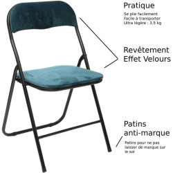 Chaise pliante en velours - Bleu canard - L 44 x P 45 x H 79 cm