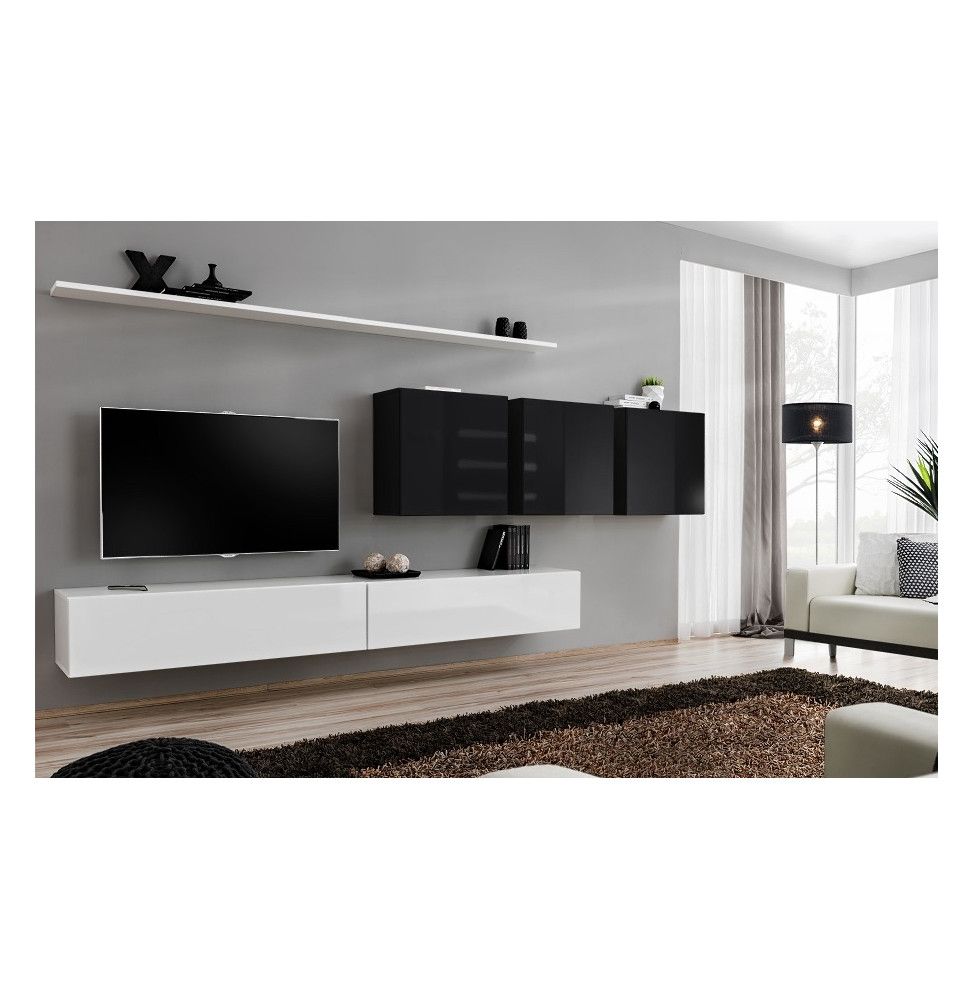 Ensemble meuble TV mural  - Switch VII - 340 cm x 150 cm  x 40 cm - Blanc et noir