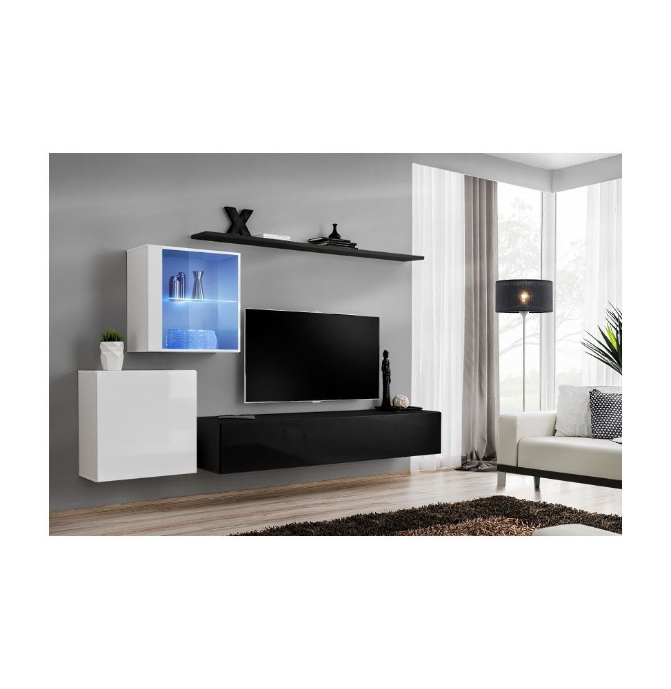 Ensemble meuble TV mural  - Switch XV - 250 cm  x 150 cm  x 40 cm - Blanc et noir