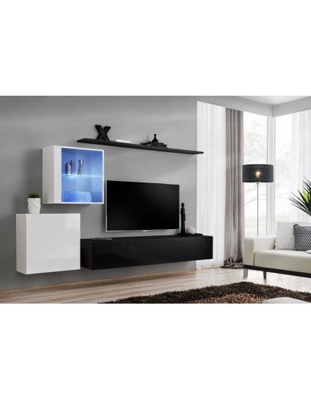 Ensemble meuble TV mural  - Switch XV - 250 cm  x 150 cm  x 40 cm - Blanc et noir