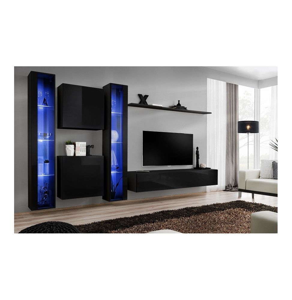 Ensemble meuble TV mural  - Switch XVI - 330 cm  x 180 cm x 40 cm - Noir