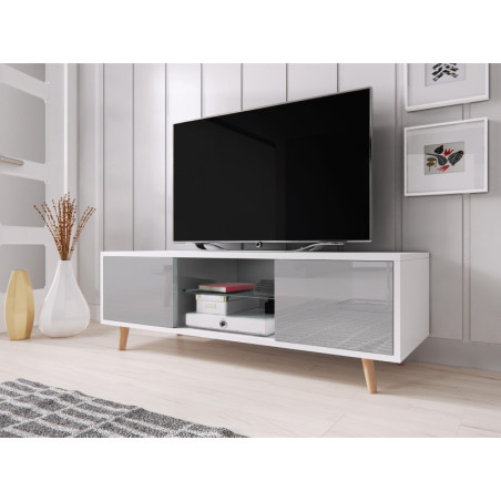 Meuble TV 140 cm - Suède - Blanc Mat/Gris Brillant