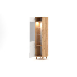 Vitrine colonne de rangement éclairage LED avec porte et étagères vitrées - Blanc/couleur chêne craft - H 190 cm