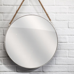 Miroir mural rond avec anse en jonc - Blanc - D 50 cm