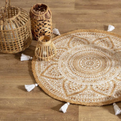 Tapis rond en jute à imprimé "Rosalie" - Beige/blanc - D 78 cm