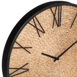 Horloge en métal et paille "Nico" - Noir/Beige - D 50 cm