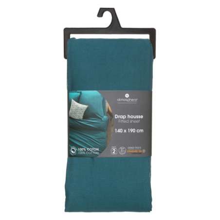 Drap housse 2 personnes avec bonnet - Bleu canard - l 140 x L 190 cm