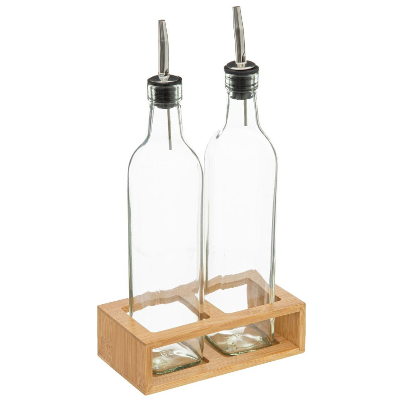 Set bouteilles huile et vinaigre en verre avec support bambou - Transparent - 0,48 l