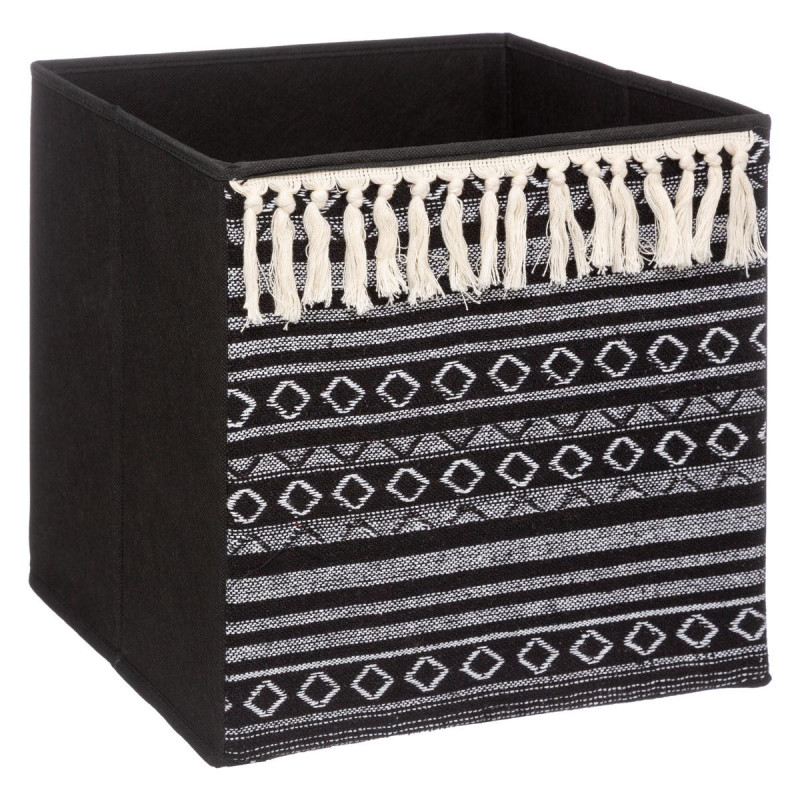 Boite rangement motif ethnique avec pompons "Mix'N Modul" - Noir/Blanc - 31 x 31 cm