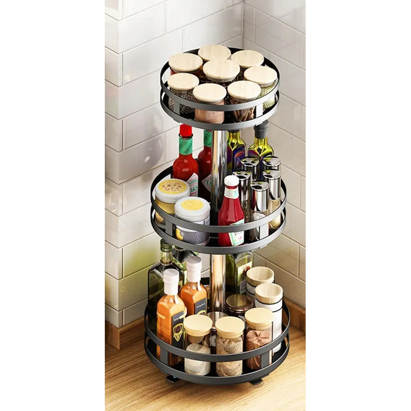 Etagère rotative multirangements H 57,5 cm x D 26 cm : épices, boîtes, flacons | Support rond 3 niveaux | Noir