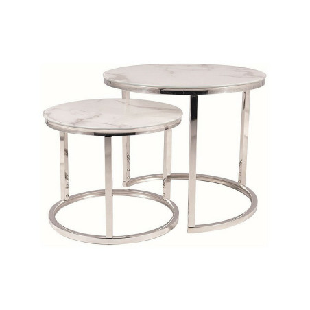 Set de 2 tables basse ronde effet marbre "Atlanta B II" - Blanc/Chrome - D 53 x H 45 cm