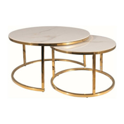 Set de 2 tables basse effet marbre "Portafino A" - Blanc/Doré - D 80 x H 42 cm