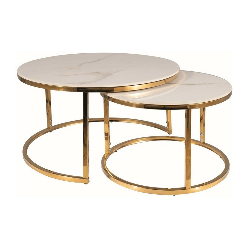 Set de 2 tables basse effet marbre "Portafino A" - Blanc/Doré - D 80 x H 42 cm