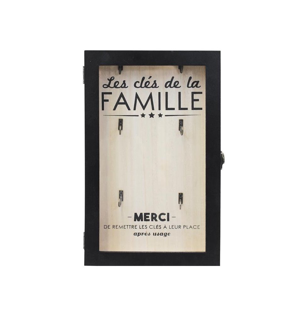 Boîte à clés en bois avec imprimé "Famille"- 6 supports - Noir et Beige